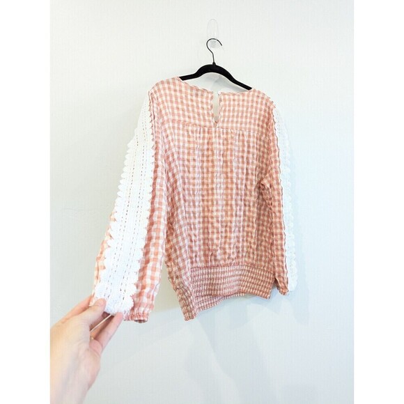 Suzanne Betro Blouse Womens Plus Size 1X Pink Gingham Crochet Top - Picture 6 of 11